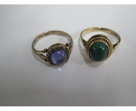 A 9ct gold malachite ring and a 9ct cabouchon ring, both size O, approx 6.4 grams, both generally good some small usage marks