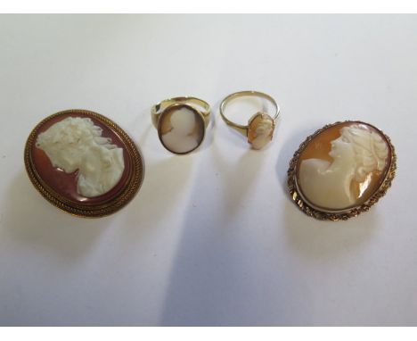 A 9ct gold cameo ring, size O, a worn plated cameo ring and two gilt metal mounted cameos 