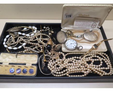 A collection of assorted costume jewellery including a silver pocket watch and an 18ct ladies manual wind watch on plated str