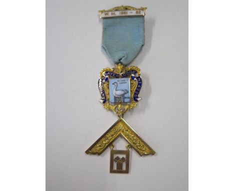A 9ct yellow gold and enamel Masonic medal jewel on a ribbon, total weight approx 30 grams, in good condition 