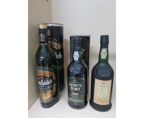 A bottle of Glenfiddich special old reserve single malt Scotch whisky with tube and a 70cl bottle of Dows 10 year old Port 20