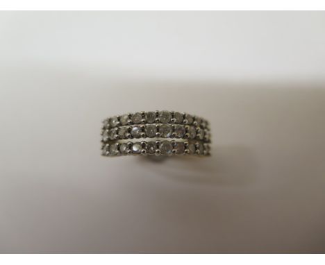 A 9ct yellow gold three row diamond ring, size L/M, approx 3 grams, with pouch in good condition 