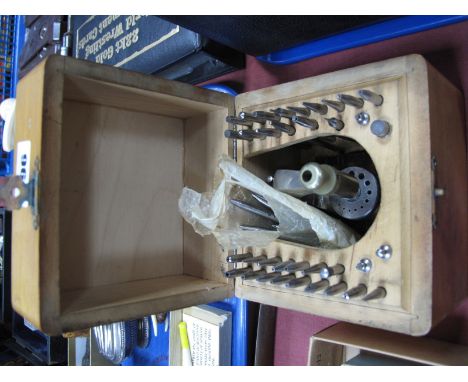 A Seitz Swiss Made Watch and Clock Makers Drill, punch implement, numbered 17467 with implement in wooden box.