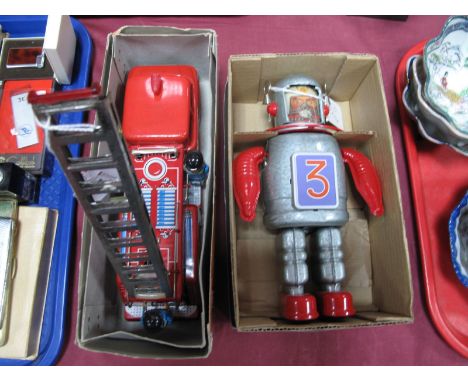 Two Chinese Tinplate 1960's Style Toys, including wind up Astro-Scout and a friction driven fire engine (both boxed) - note b