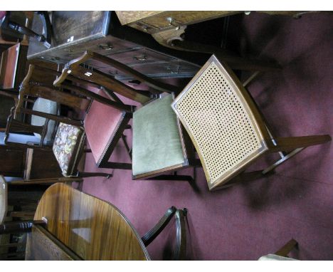 A Pair of 1920's Walnut Splat Back Chairs, bedroom chair, bergere topped stool. (4)