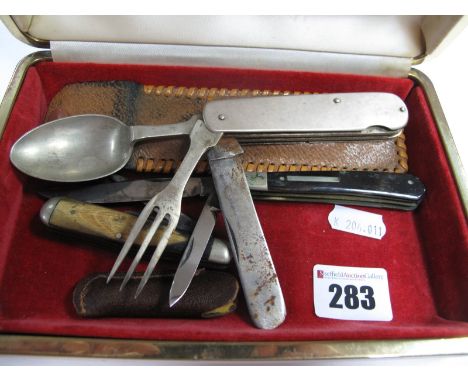 Sheffield Made Campaign Cutlery, with folding knife, fork and spoon, Nowill & Son two blade knife, another with horn scales. 