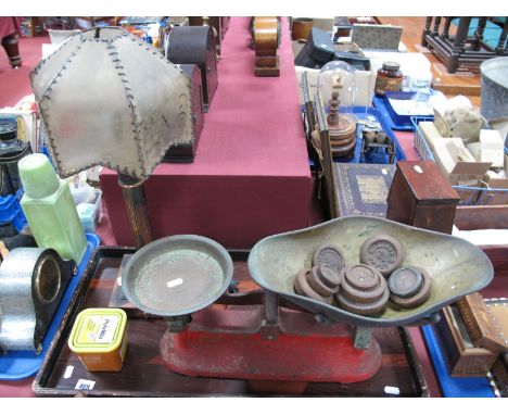 An Early XX Century Bronzed Corinthian Column Table Lamp, kitchens scales, weights; together with a rectangular tray.