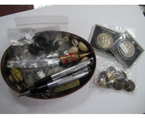 Commemorative Coins, Ronson lighter/pencils, novelty bottle opener, buttons, '$' money clip, a 'Derby County' gent's bracelet