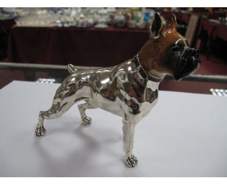 A Modern Saturno Style Hallmarked Silver and Enamel Model Boxer Dog, MH, Sheffield 2000, 13cms high. 