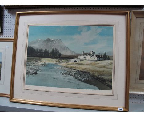 Rowland Hilder, Mountain Landscape with Angler in Foreground, colour print, graphite signed, blind backstamp, 43 x 60cm.