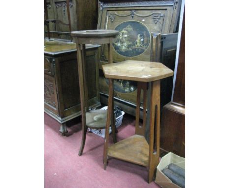 An Early XX Century Oak Occasional Table, with a hexagonal top on pierced supports, with under shelf; together with an early 