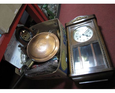 A Regulator Wall Clock, warming pan, wall tidy, iron cow dishes, etc:- One Box