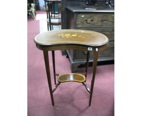 An Edwardian Mahogany Kidney Shaped Occasional Table, with a cross banded top, marquetry inlay, tapering legs with under shel