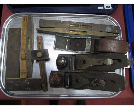 Stanley Bailey No. 4 and Other Sheffield Planes, Penton ruler, spirit levels, other woodworkers tools:- One Tray