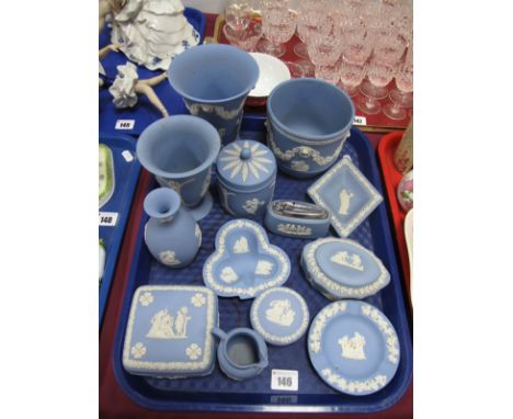 Wedgwood Powder Blue Jasperware Pottery, of thirteen pieces, including lighter, jardiniere:- One Tray