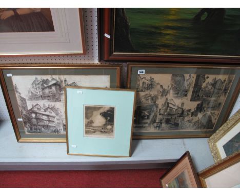 Herbert Railton, XIX Century City Centre Montages, ink drawings, approximately 36 x 46cm, signed, Hodgson print, sheep herdin