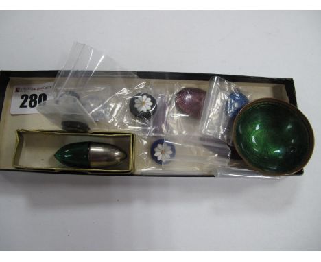 Engine Turned Enamel Panels, green enamel salt stamped "Germany", miniature torpedo shape green glass scent bottle, etc.