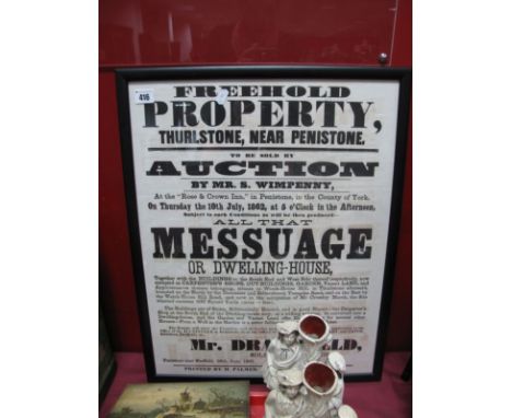 A XIX Century Auction Poster, for Mr. S. Wimpenny, At the Rose and Crown Inn, Penistone, 1862, printed by H. Palmer, book-bin