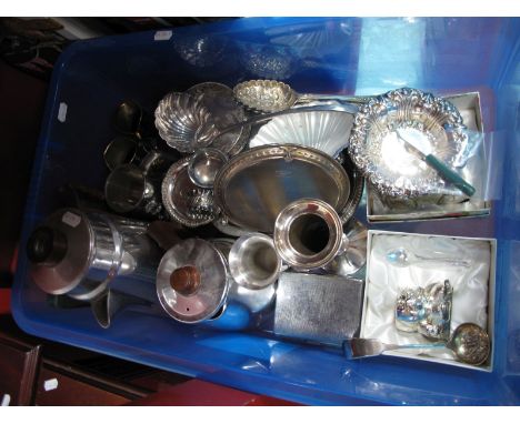 Assorted Plated Ware, including decorative dishes, pair of salts, mug, vases, coffee pot, novelty egg cups, ladle, pair of sp