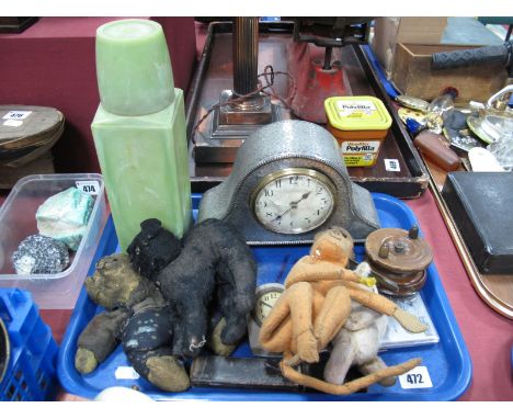 Green Bakelite Thermos Flask, planished pewter cased mantel clock (glass cracked), soft toys, fishing reel etc:- One Tray