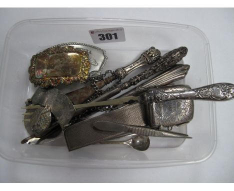 A Hallmarked Silver Handled Button Hook and Shoe Horn, pickle fork, knife, hallmarked silver and other decanter labels, vesta