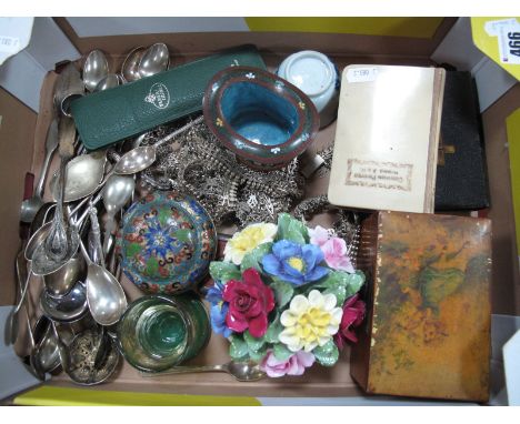 Coins, Books of Common Prayer, cloisonné enamel circular box and cover, cloisonné enamel top hat, Aynsley posy, Middle Easter