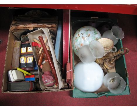 A Box of Light Fittings, including a white opaline glass bathroom lamp, a three branch brass ceiling lamp and shades, an Art 