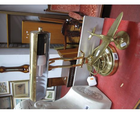 Brass, an adjustable desk lamp, together with a brass model of airplane on stand.