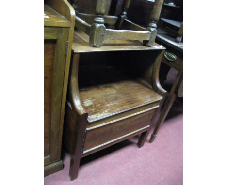 An XVIII Century Mahogany Commode, with a low back, shaped sides, on square legs.