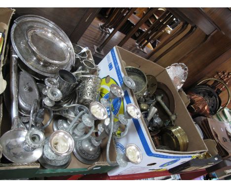 An Electroplated Tankard, pedestal dishes, candelabras, salvers, ladle, part tea service, brass wares, etc:- Three Boxes