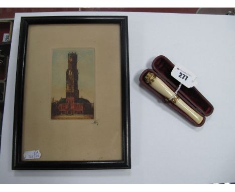 A Late XIX Century Cheroot Holder, gilt metal mounted, in original case; together with a signed print, framed and glazed. (2)