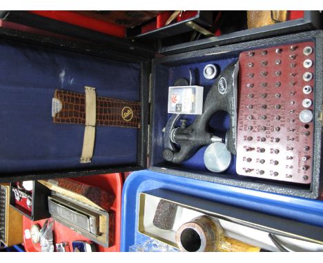 A Seitz Swiss Made Watch and Clock Makers Drill, punch implement with pushers, reamers, anvils, etc, in black Morocco casing.