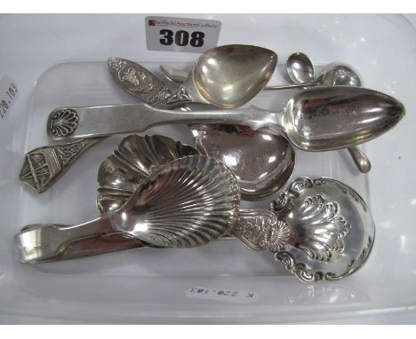 A Decorative Hallmarked Silver Caddy Spoon, 1953 Coronation caddy spoon, a Russian spoon stamped "1834", an IONA Chester hall