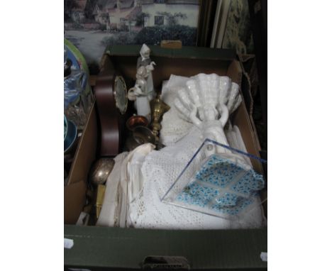 An Early XX Century Linen Tablecloth, doillies, quartz clock, Spanish style figure, plated mug, miniature brass anvil, etc:- 
