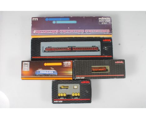 Z gauge model railways, Marklin of Germany, 88872 Deutsche Bundesbahn diesel railcar two car set, 82369 Dinkelacker four piec