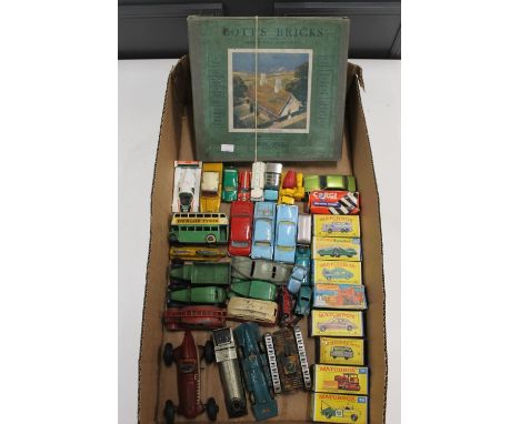 Matchbox diecast model vehicles 13 Dodge Wreck Truck, 16 Case Tractor, 21 Milk Delivery Truck, 44 Rolls Royce Phantom V, 45 F