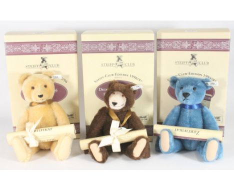 Steiff three Steiff Club Edition bears to include 1994/95 420047 Original Steiff Teddy Bear 1908 Blue 35, with certificate of