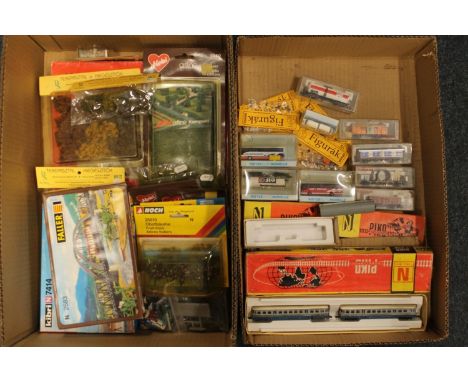 N gauge model railways, Piko Modellnahn two car DMU set and two wagons, each boxed. Fleischmann of Germany rolling stock 8480
