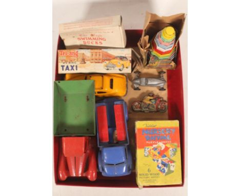 Triang Minic No2 Taxi clockwork plastic model boxed, a Lines Brothers metal truck, a Penguin plastic model truck, Italian clo
