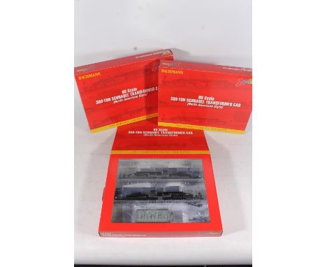 HO gauge model railways, Spectrum by Bachmann, three 80501 380-ton Schnabel Transformer car (North American Style) blue and b