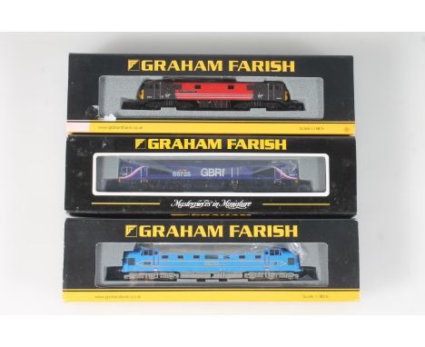 N gauge model railways, Grafar Graham Farish by Bachmann three locomotives to include 372920 Deltic Prototype DP1 Preserved L
