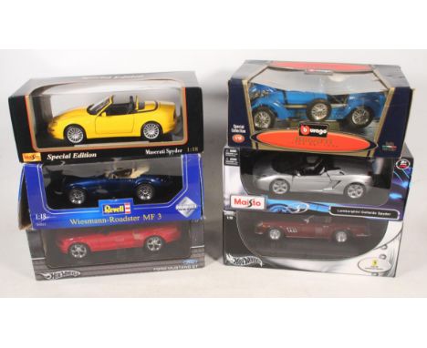 1:18 scale model vehicles to include Burago 3005 Bugatti Type 59 1934, Revell 08861 Wiesmann Roadstar MF3, Maisto 31667 Maser