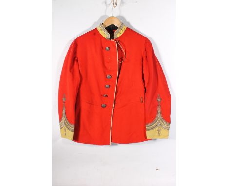 British Army uniform, two scarlet red jackets to include: Jacket with Firmin and Sons buttons and bullion wire lower sleeve a