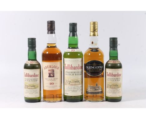 Five bottles of single malt Scotch whisky, each with old expression labels to include TULLIBARDINE 10 year old 40% abv. 70cl 