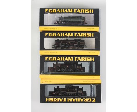 N gauge model railways, Grafar Graham Farish by Bachmann four tank locomotives to include 372329 2-6-2 Class 3MT 82041 BR gre