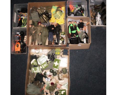 Action man, a large collection of Action Man items to include five action figures, weapons, clothing etc. held over six trays