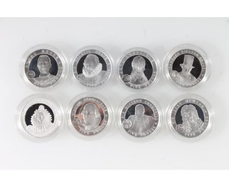 Westminster Mint 'Great Britons' eight silver proof five pound £5 coins from ALDERNEY, JERSEY and GUERNSEY comprising 2007 Si