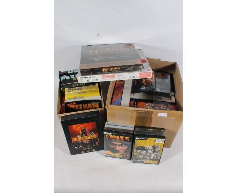 Two boxes containing PC games to include Moneky Island 1,2, Duke Nukem, Heroes of Mighty Magic Compendium sealed copy, etc (2