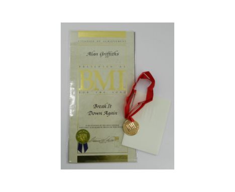 Tears for Fears BMI Award: Original BMI Citation of Achievement and medal for the song 'Break It Down Again'. Presented to Al