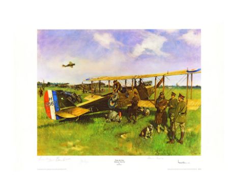 'First Air Post' Folkestone to Koln Print by  Sir Terence Cuneo: Featuring 4 signatures, including A.E. 'Ben' Gunn, Spitfire 